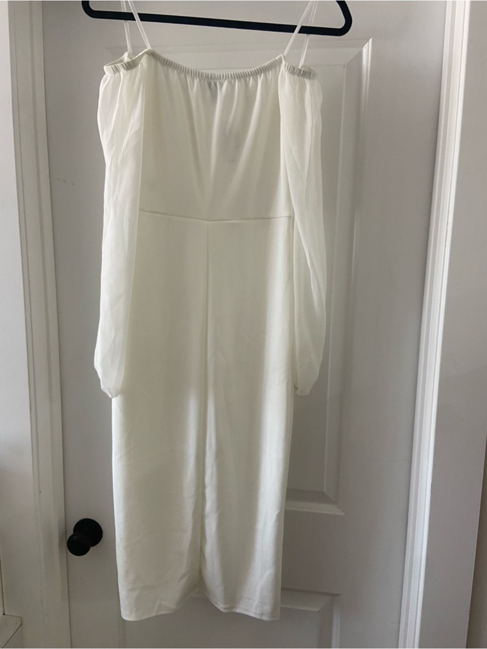 Windsor Off-Shoulder White Midi Dress with Sheer Bishop Sleeves - Picture 3 of 8